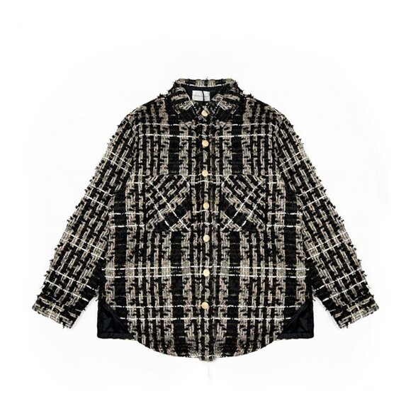 Charlie Luciano Woven Plaid Shirt Jacket Black Gold - Picture 1 of 8